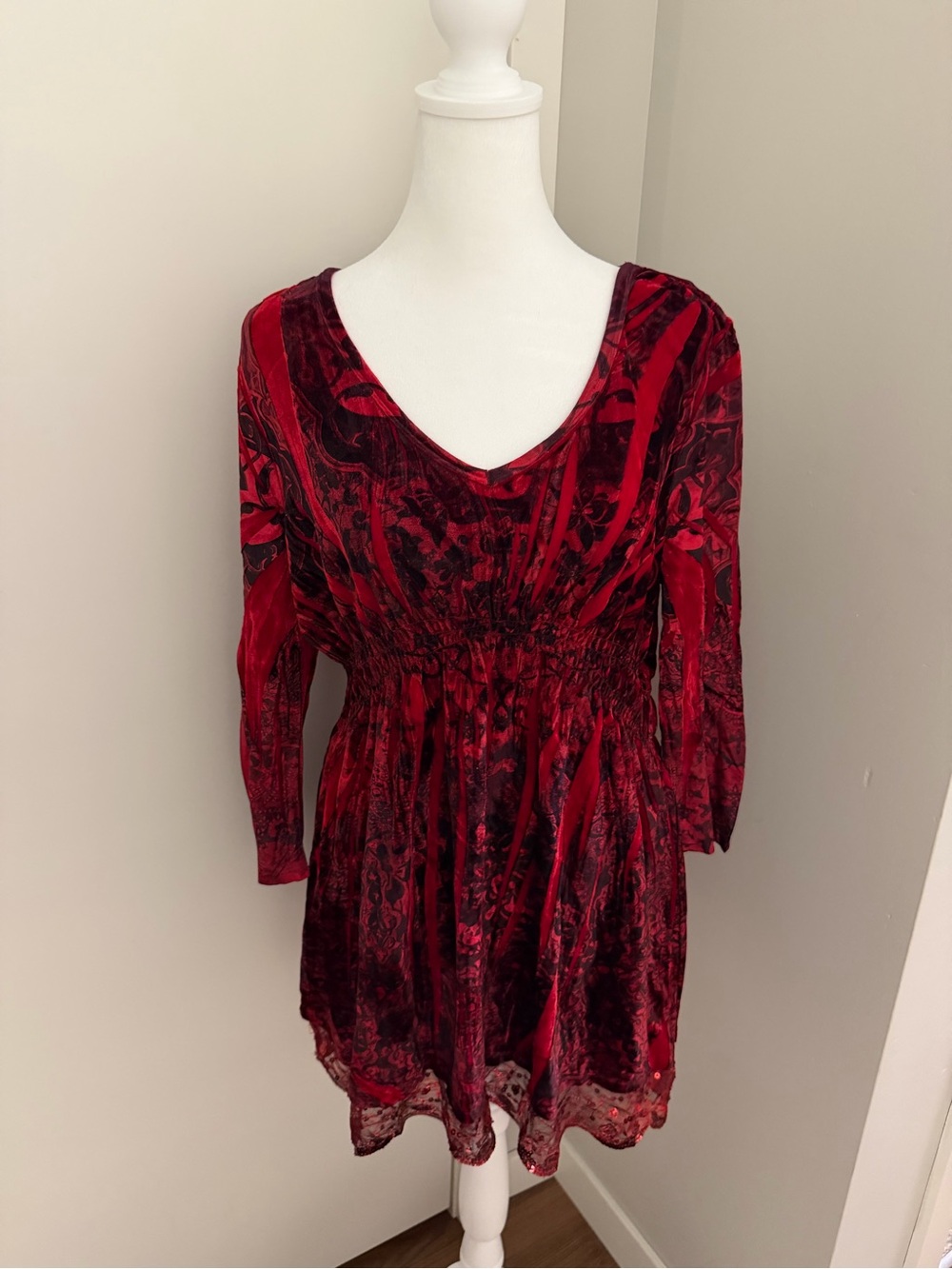 live and let live Red Velvet V-Neck Smocked Tunic with Lace Hem